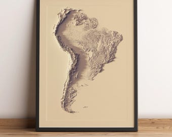 South America Map, South America 2D Relief Map, South America Minimalist Print, Topographic Print, Sunset Version- 2D FLAT PRINT