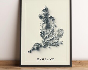 Mapa de Inglaterra, Mapa en relieve de Inglaterra, Póster minimalista de Inglaterra, Arte mural de Inglaterra, Regalo de Inglaterra - IMPRESIÓN PLANA 2D