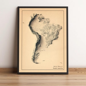 Kaart van Zuid-Amerika, 2D-reliëfkaart van Zuid-Amerika, minimalistische poster Zuid-Amerika, kunst aan de muur Zuid-Amerika, cadeau Zuid-Amerika - 2D FLAT PRINT
