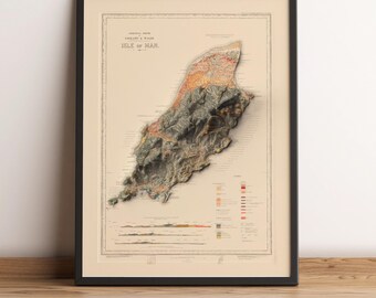 Isle of Man Map, Isle of Man Vintage Relief Map, UK Print, Mann Topographic Wall Art - 2D FLAT PRINT
