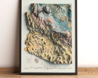Kaart van Arizona, Geologische reliëfkaart van Arizona, Muurdecoratie van Arizona, Vintage kaart van Arizona, Cadeau met Arizona-thema (VS) - 2D platte print