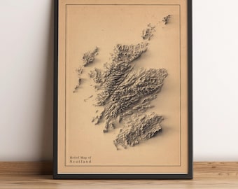 Mapa de Escocia, Mapa en relieve de Escocia, Póster minimalista de Escocia, Arte mural de Escocia, Regalo de Escocia - IMPRESIÓN PLANA 2D