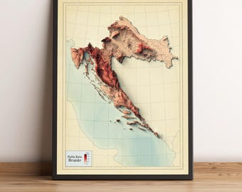 Croatia Map, Croatia 2D Relief Map, Croatia Vintage Map, Croatia Print, Croatia Elevation Map - 2D FLAT PRINT