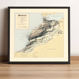 Morocco Map, Morocco 2D Relief Map, Morocco Vintage Map, Morocco Poster, Morocco Wall Art, Morocco Print - 2D FLAT PRINT