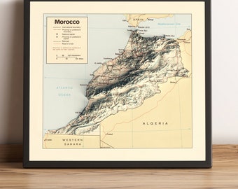 Morocco Map, Morocco 2D Relief Map, Morocco Vintage Map, Morocco Poster, Morocco Wall Art, Morocco Print - 2D FLAT PRINT