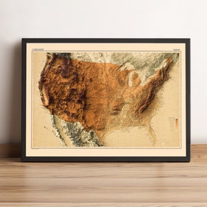 Kaart van de Verenigde Staten (optie 1), 2D-reliëfkaart van de VS, kaart van Amerika, kaart van de VS, vintage print van de Verenigde Staten, cadeau VS - 2D platte print