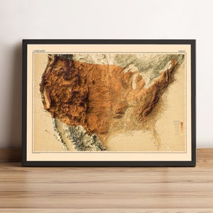 United States Map (option 1), US 2D Relief Map, America Map, USA Map, United States Vintage Print, USA Gift - 2D Flat Print