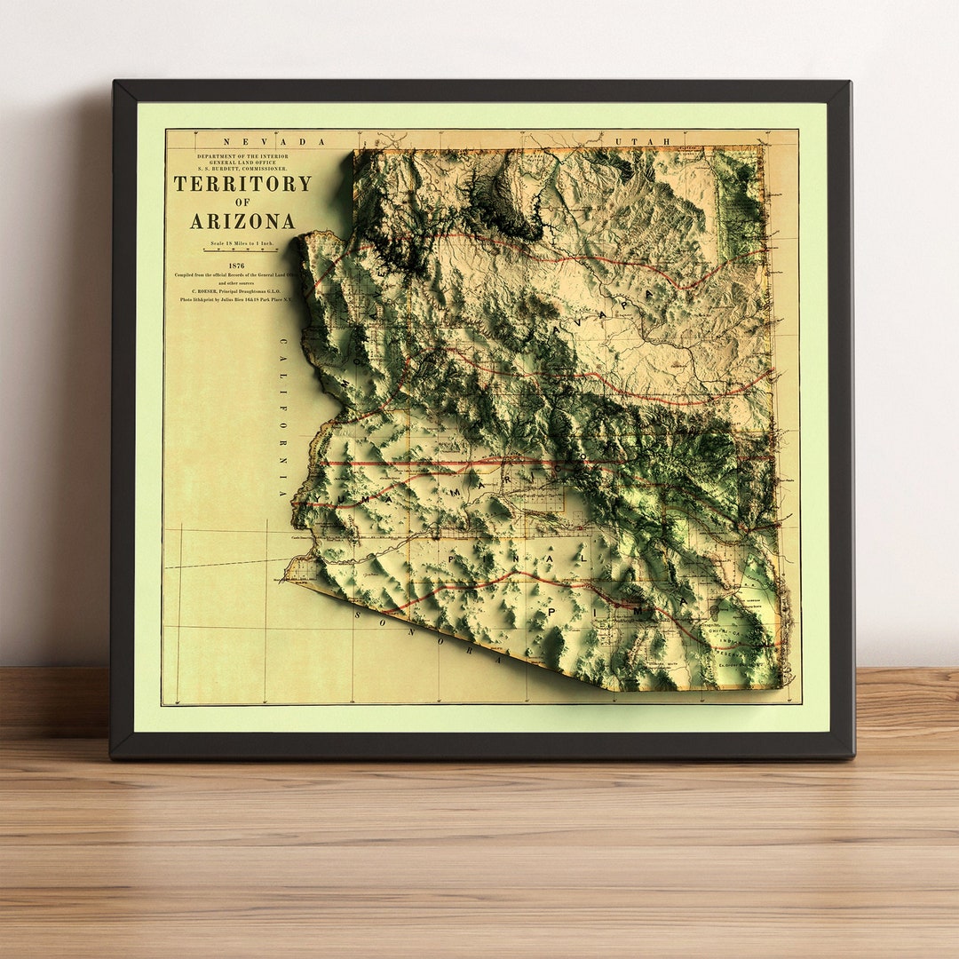 Arizona Map, Arizona 2D Relief Map, Arizona Old Map Poster, Grand