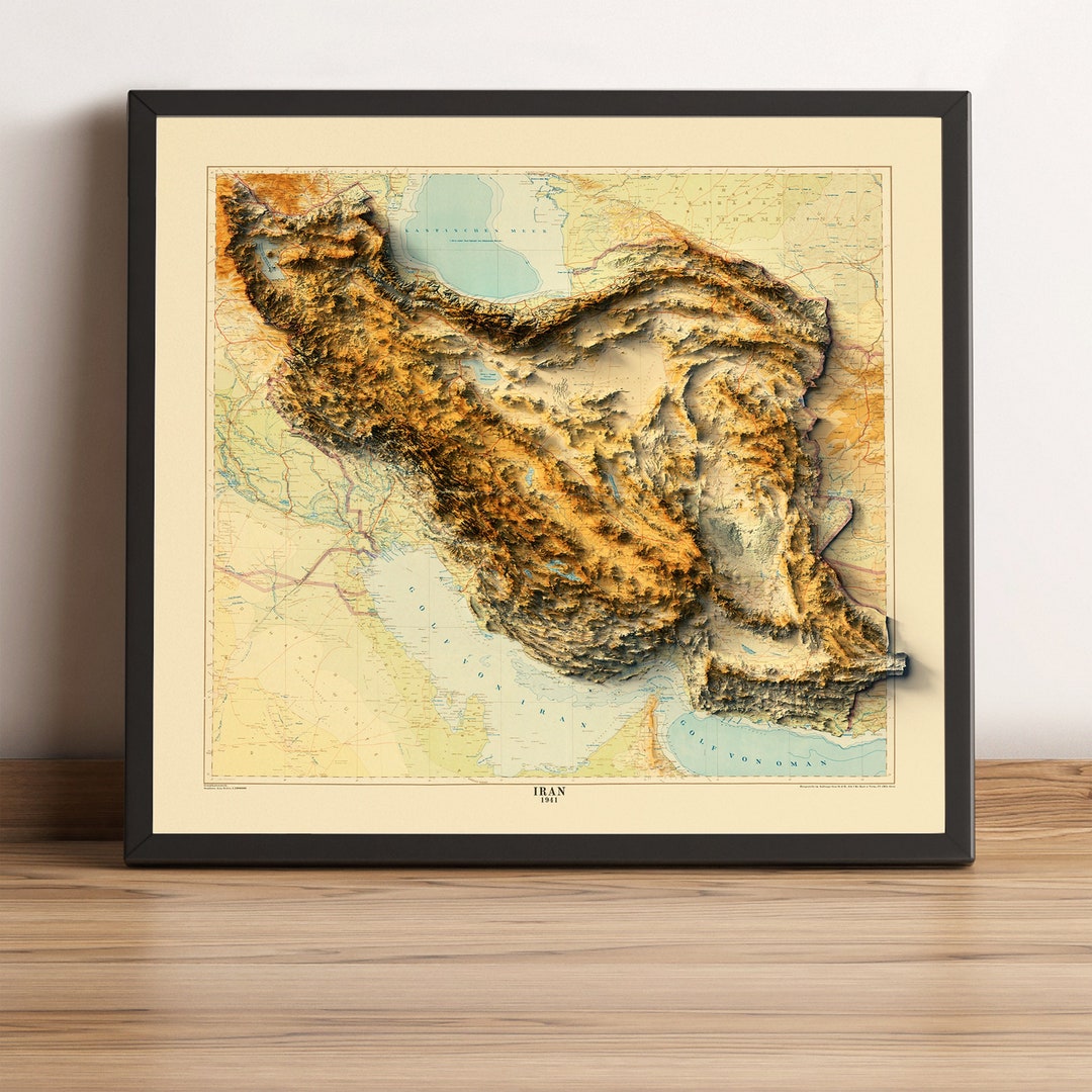 Iran Map, Iran 2D Relief Map, Iran Vintage Map, Iran Print, Iran Wall