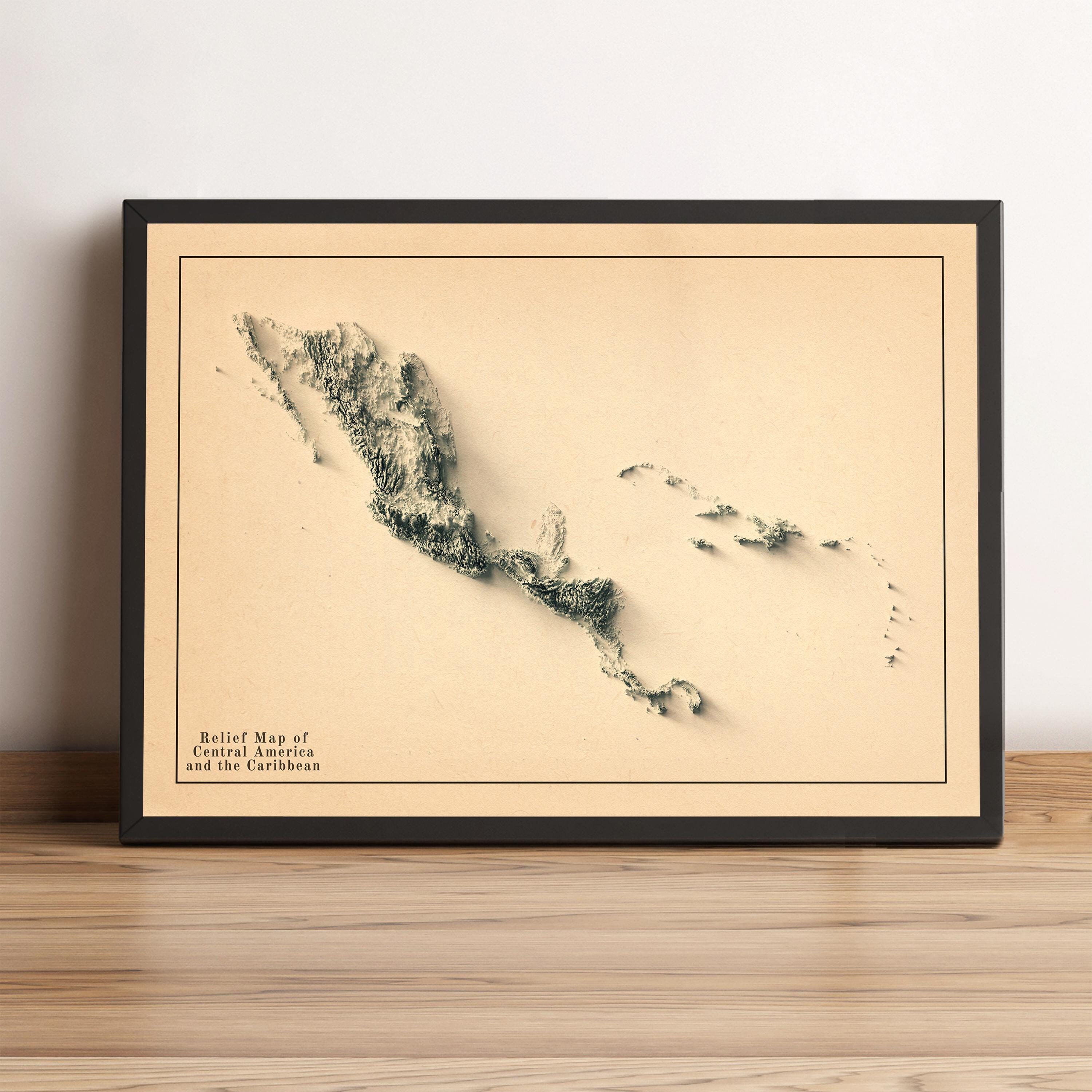 Mapa de Centroamérica, Mapa en relieve 2D de Centroamérica, Mapa del Caribe, Arte mural de Centroamérica - IMPRESIÓN PLANA 2D