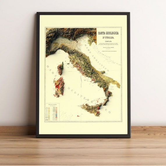 イタリア地図、イタリア2D立体地図、イタリア地質図、イタリア