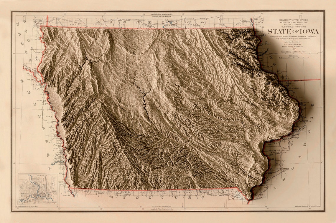 Iowa Map Iowa Relief Map Iowa Vintage Map Iowa Old Map | Etsy