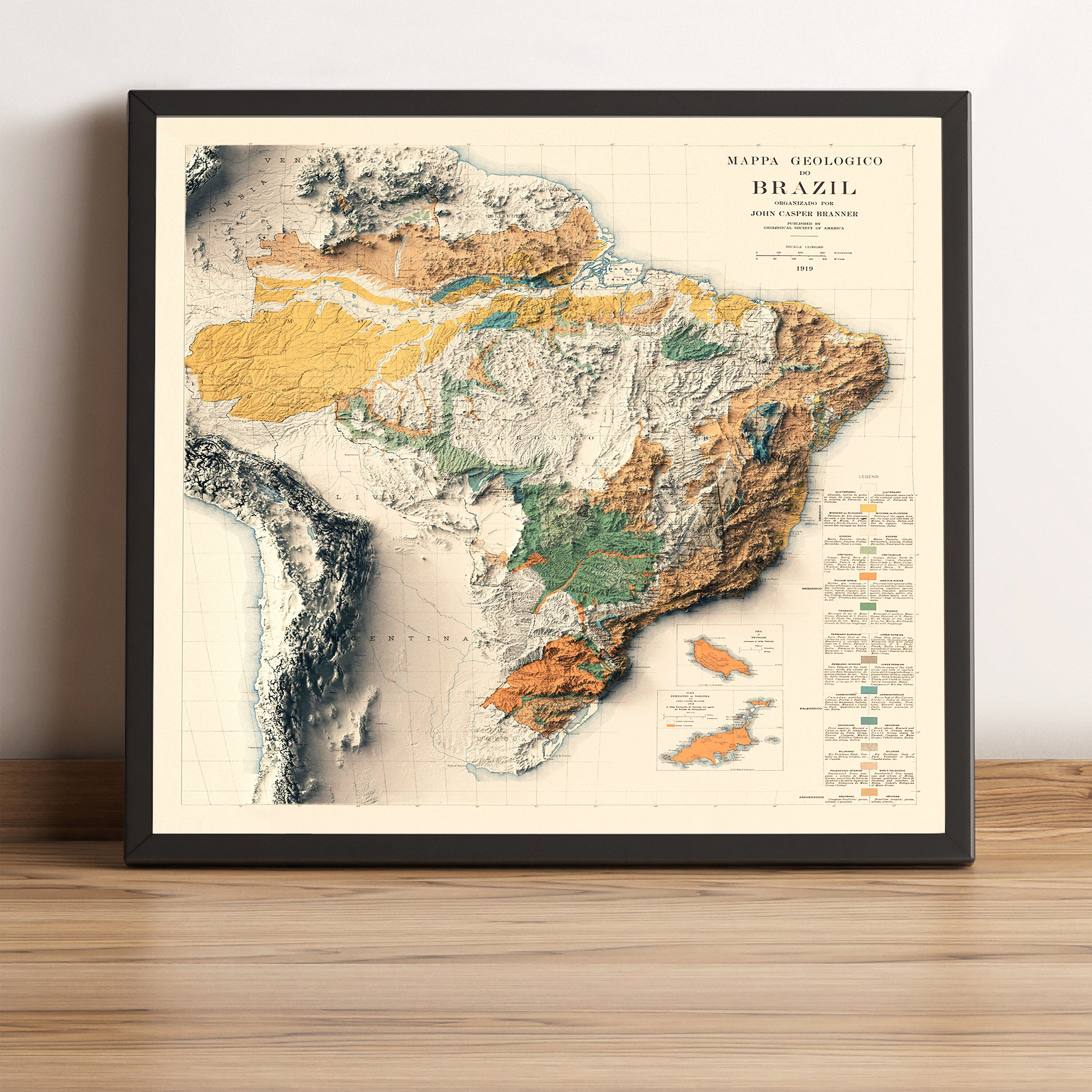 Brazil Map, Brazil 2D Relief Map, Brazil Poster Print, Brazil Vintage Map, Brazil Geological Map, Brazil Gift - 2D FLAT PRINT