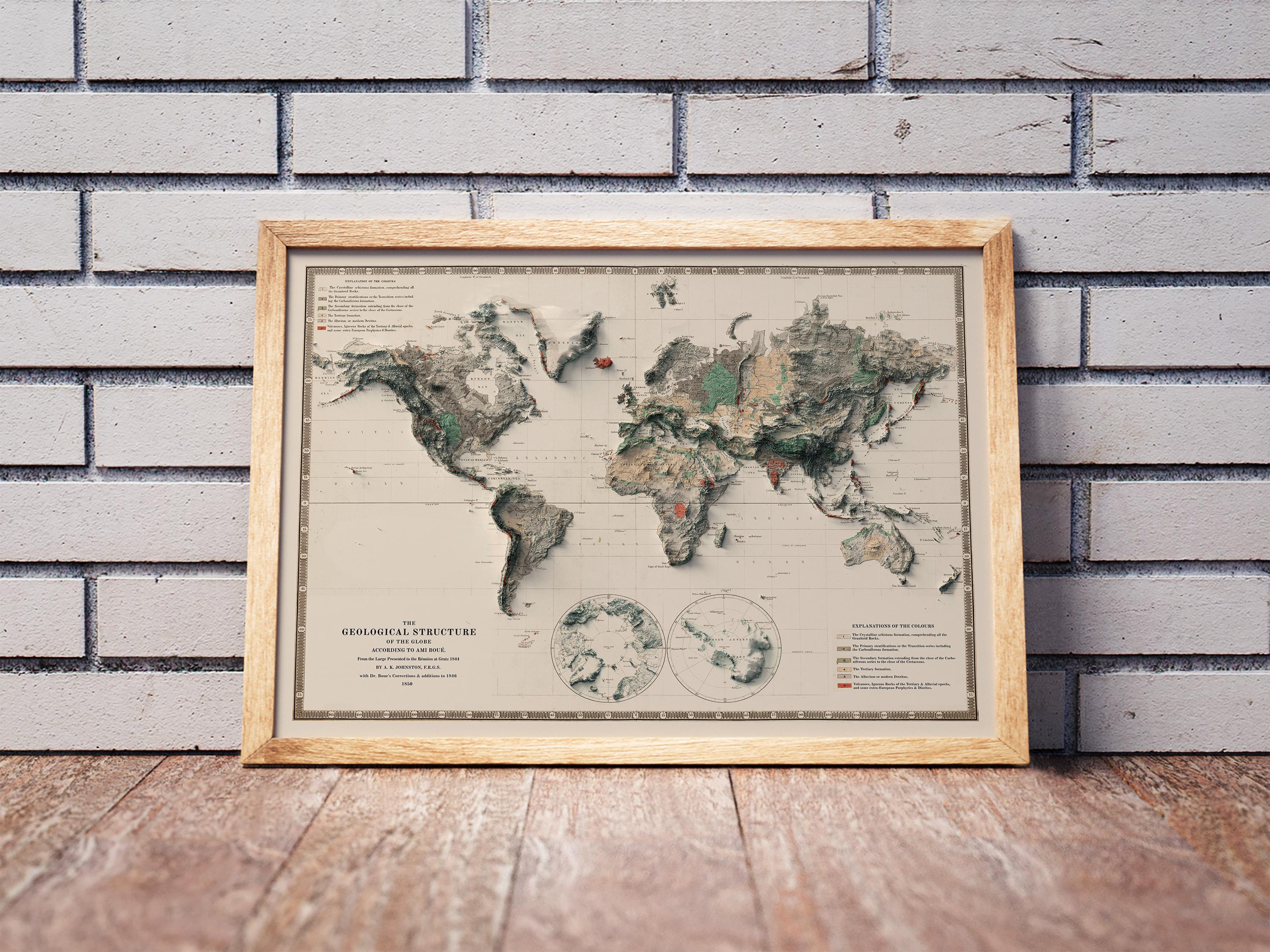 世界地図、世界の2D立体地図、世界のヴィンテージ地図、世界のポスター