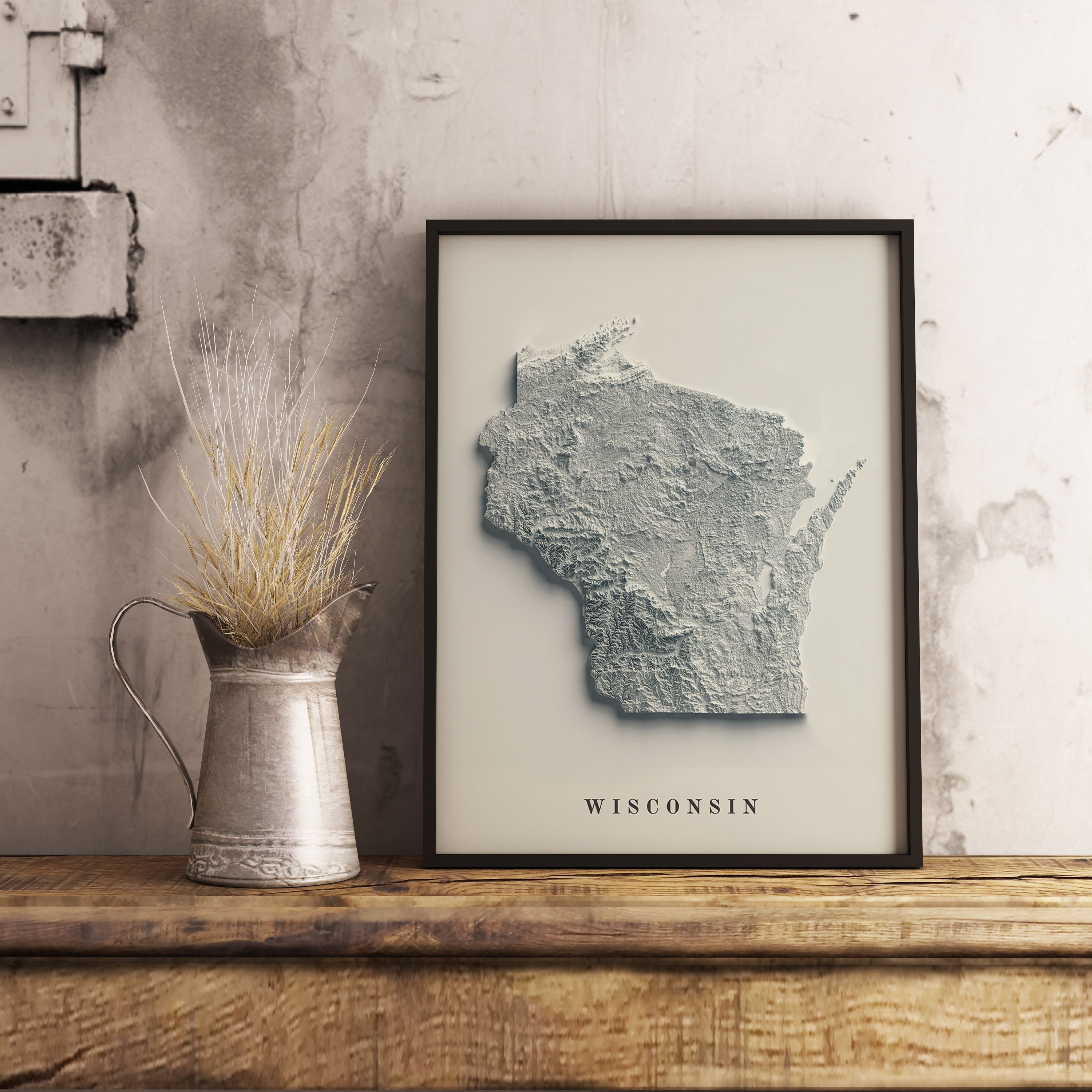 Wisconsin Map, Wisconsin 2D Relief Map, Wisconsin Minimalist Poster ...