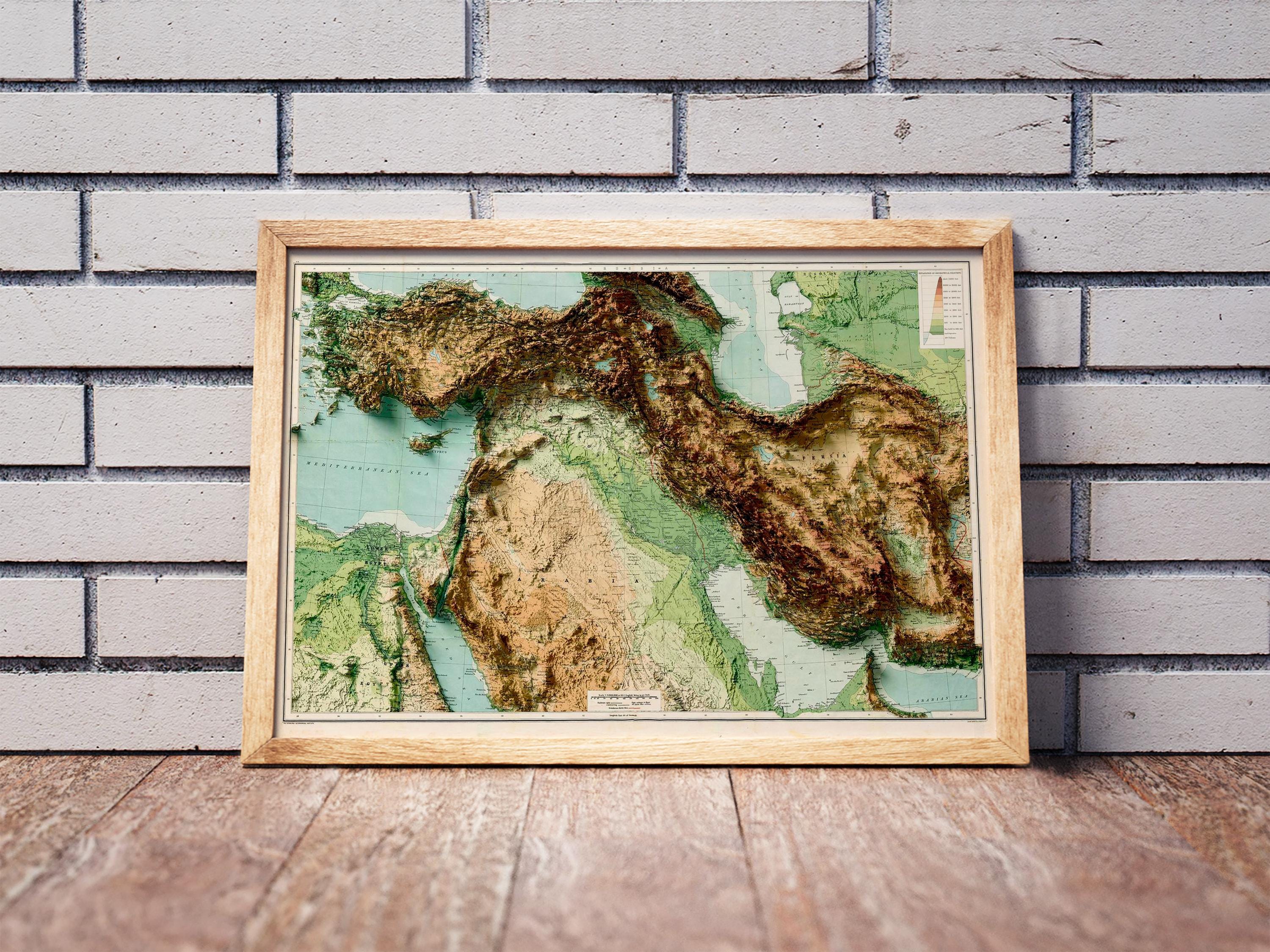 レア品)大型　立体地図　中近東·トルコ·イラン　1:6,250,000 額縁付き 中東地図、中東2D立体地図、中東ビンテージポスター地図、イラン地図