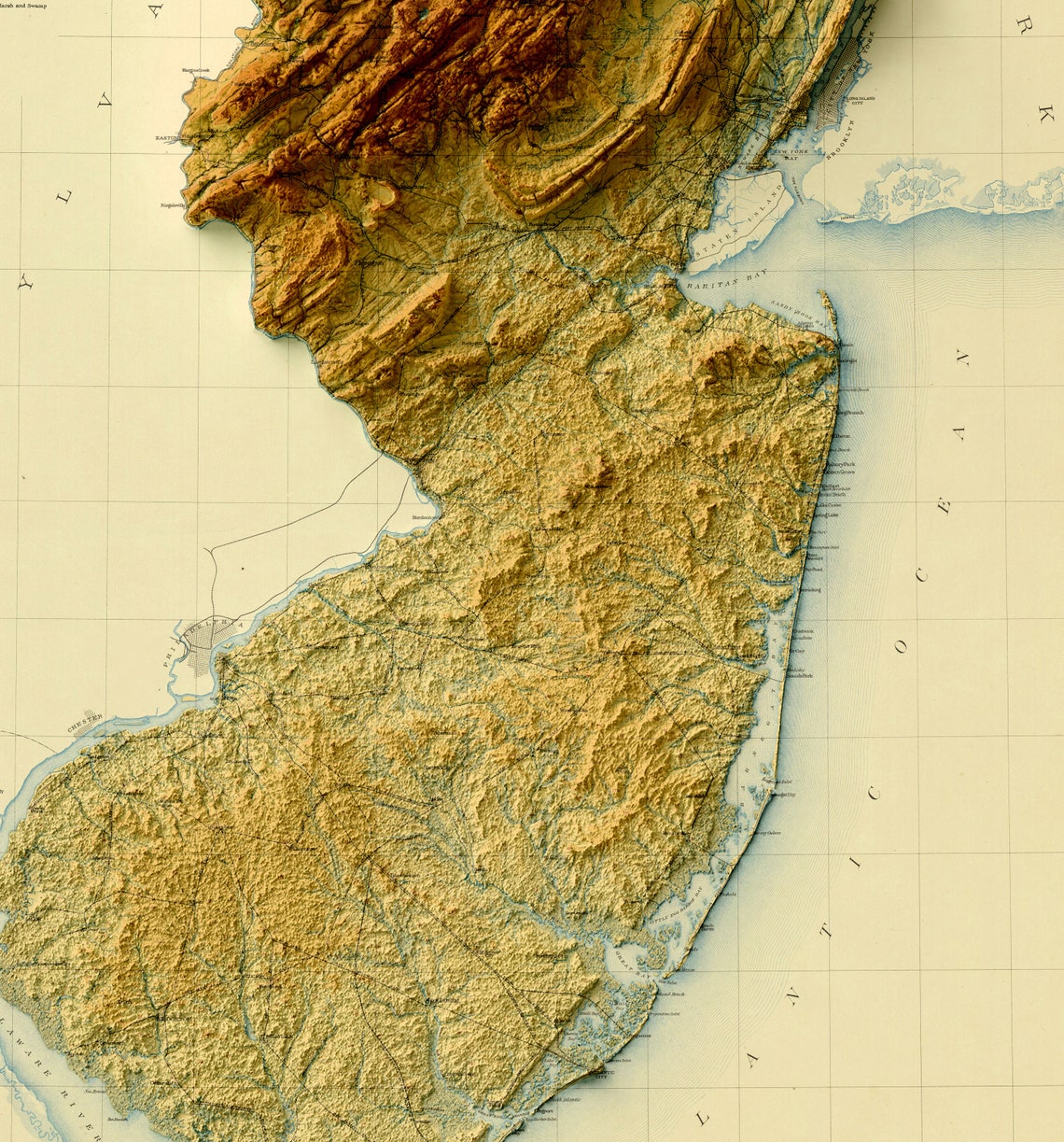 New Jersey Map New Jersey Relief Map Vintage Map of New Etsy