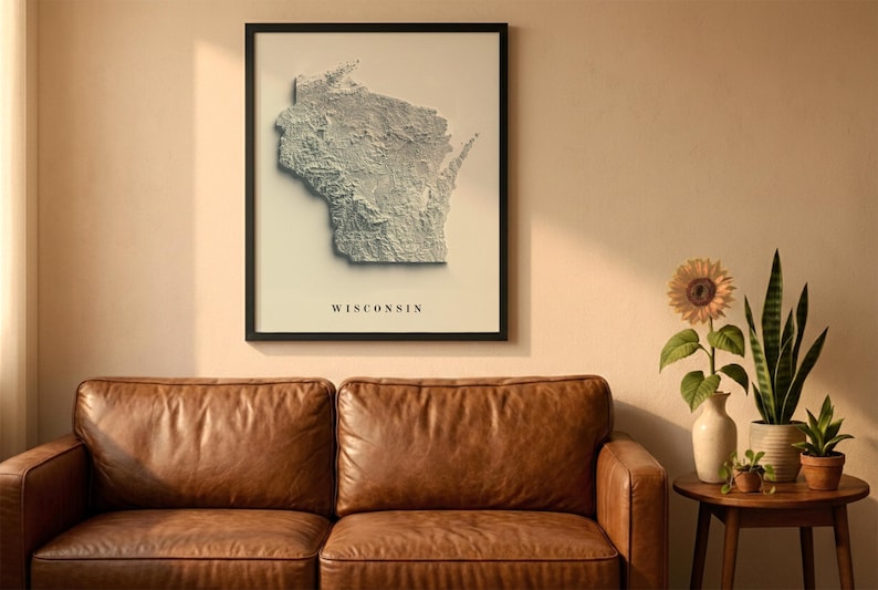 Wisconsin Map, Wisconsin 2D Relief Map, Wisconsin Minimalist Poster ...