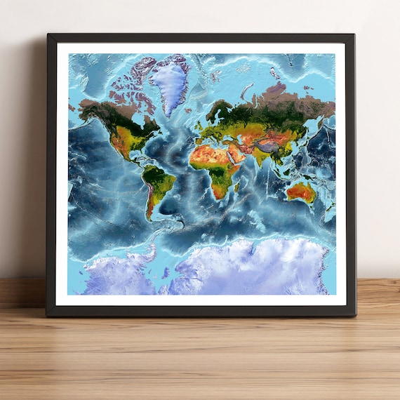世界地図、メルカトル図法、ビンテージ世界地図、世界地形図、印刷世界