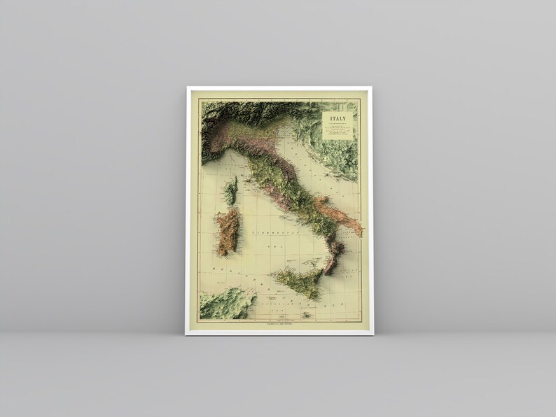 Italy Map, Italy 2D Relief Map, Italy Historical Map, Italy Vintage Map, Italy Print, Italy Wall Art, Italy Gift 2D FLAT PRINT image 3