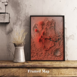 Carte de Mars, carte en relief 2D de Mars, carte vintage de Mars, carte topographique de Mars, affiche Olympus Mars, carte encadrée de Mars - impression 2D à plat