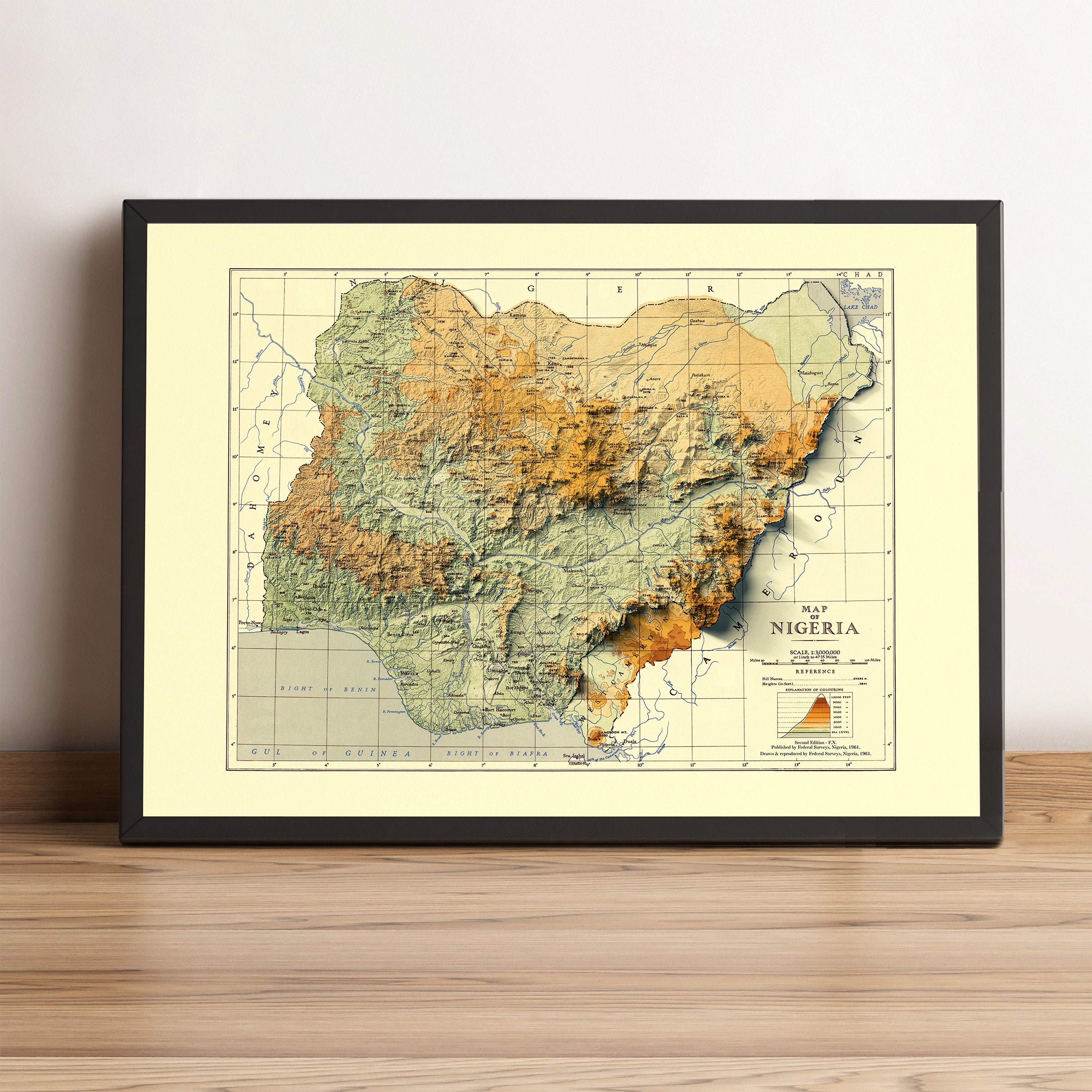 Nigeria Map, Nigeria 2D Relief Map, Nigeria Poster, Nigeria Vintage Map, Nigeria Old Map, Nigeria Wall Art, Nigeria Gift - 2D FLAT PRINT