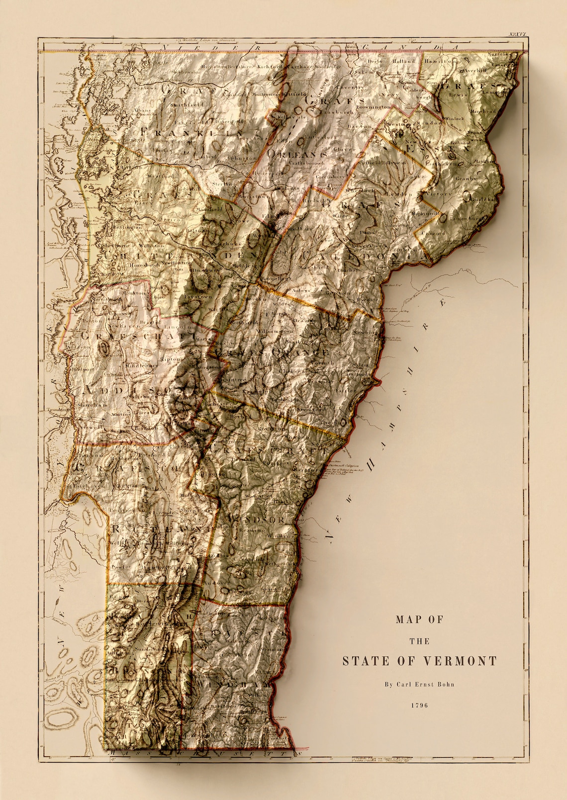 Vermont Map Vermont Relief Map Vintage Map of Vermont Etsy
