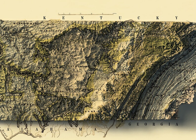 Tennessee Map Tennessee 2D Relief Map Tennessee Historical Etsy