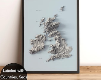 Kaart van het Verenigd Koninkrijk en Ierland met labels - Landen, hoofdsteden, zeeën en eilanden van het VK, minimalistische oceaanreliëfkaart van de Britse Eilanden - 2D platte afdruk