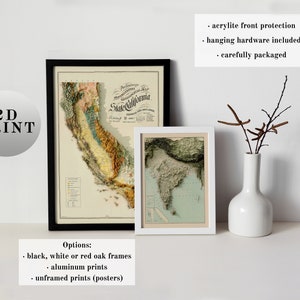 Two framed maps displaying examples of relief maps. Highlights available frame color options and product details, including hanging hardware