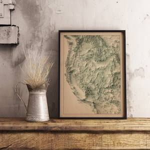 2D-reliëfkaart westelijk van de VS, vintage muurkunst westelijk Verenigde Staten, minimalistische kaart westelijk VS, cadeau westelijk VS - 2D platte print