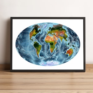Carte du monde, carte du monde de projection Aitoff, carte du monde vintage, carte du monde en relief, carte du monde imprimée, carte du monde encadrée