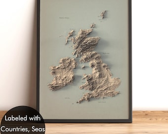 Kaart van het Verenigd Koninkrijk en Ierland met labels - Landen, hoofdsteden, zeeën en eilanden van het VK, minimalistische oceaanreliëfkaart van de Britse Eilanden - 2D platte afdruk