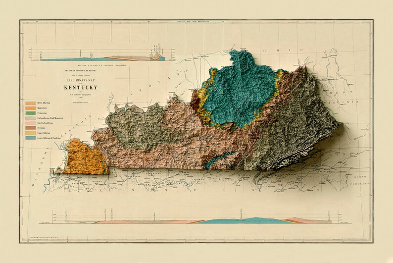 Kentucky Map Kentucky 2D Relief Map Kentucky Vintage Map Etsy