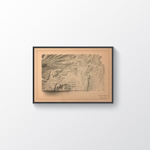Kansas kaart, Kansas 2D-reliëfkaart, Kansas vintage kaart, Kansas minimalistische kaart, Kansas muur decor print, Kansas cadeau - 2D FLAT PRINT