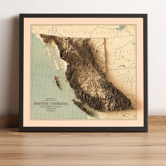 British Columbia Map, British Columbia 2D Relief Map, British Columbia Vintage Map, British Gift, BC Map - 2D FLAT PRINT