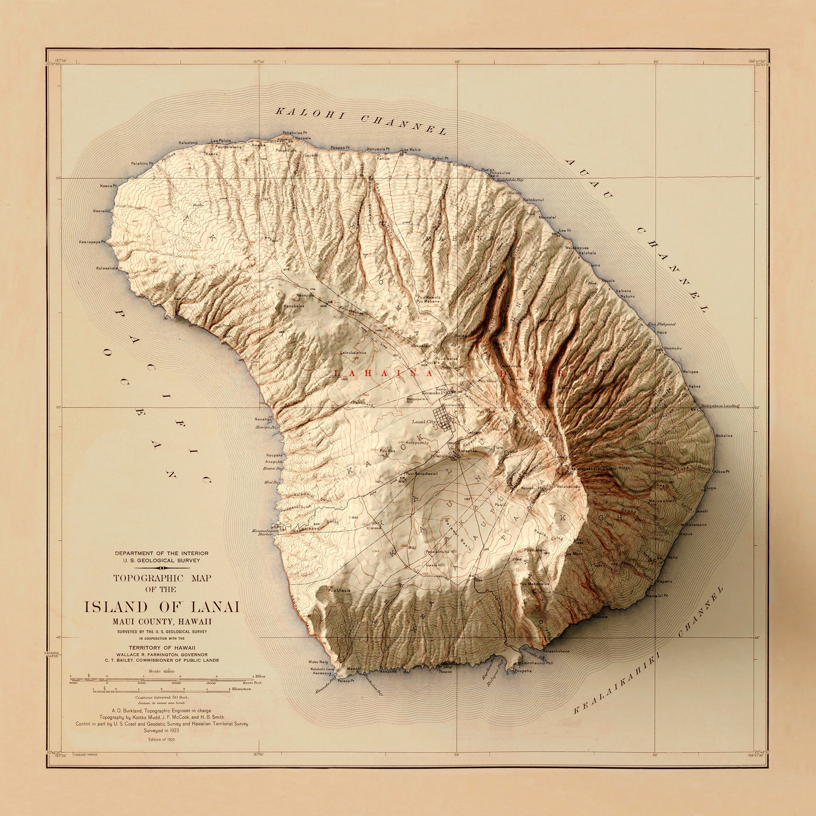 Lanai Island Map Hawaii Map Lanai 2D Relief Map Lanai Etsy