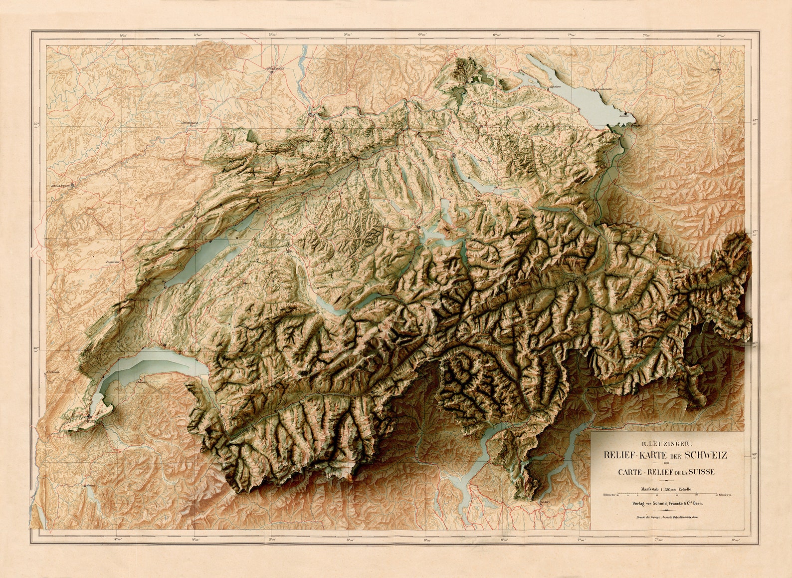 Switzerland Map Relief map of Switzerland Old Map of Etsy