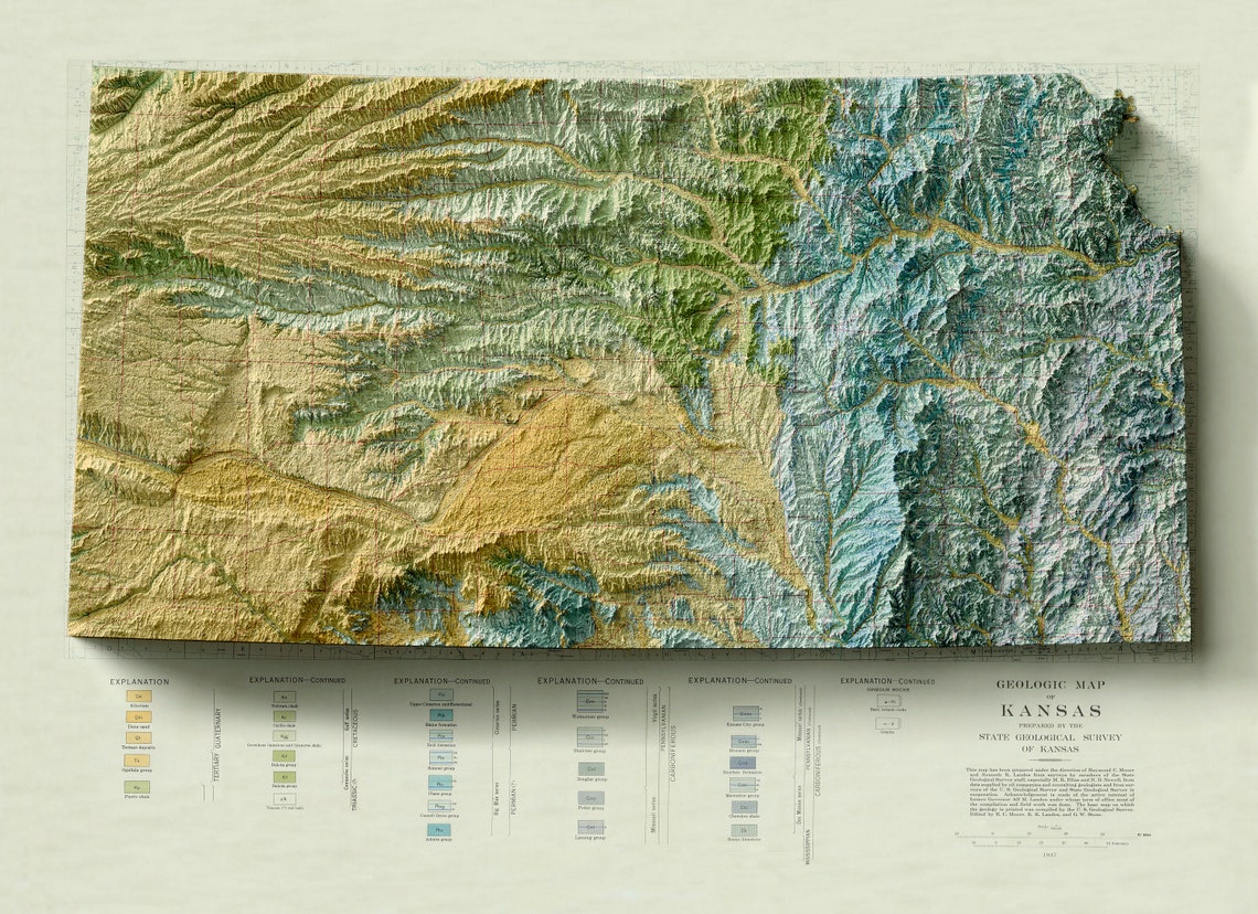 Kansas Map Kansas Relief Map Kansas Vintage Map Kansas Etsy
