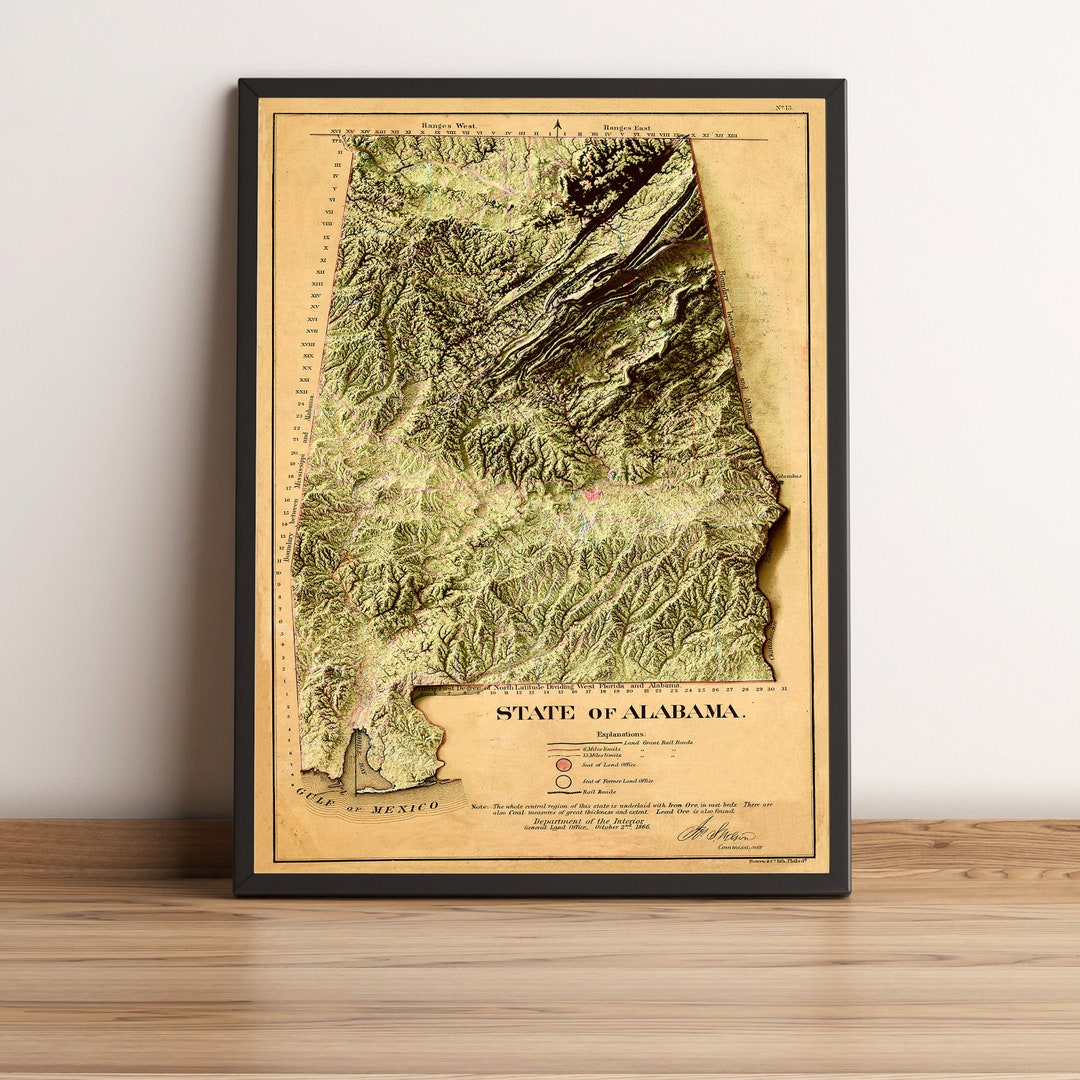 Alabama Map, Alabama 2D Relief Map, Alabama Historical Map, Alabama ...