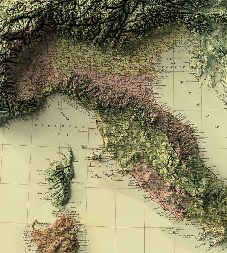 Italy Map, Italy 2D Relief Map, Italy Historical Map, Italy Vintage Map, Italy Print, Italy Wall Art, Italy Gift 2D FLAT PRINT image 4