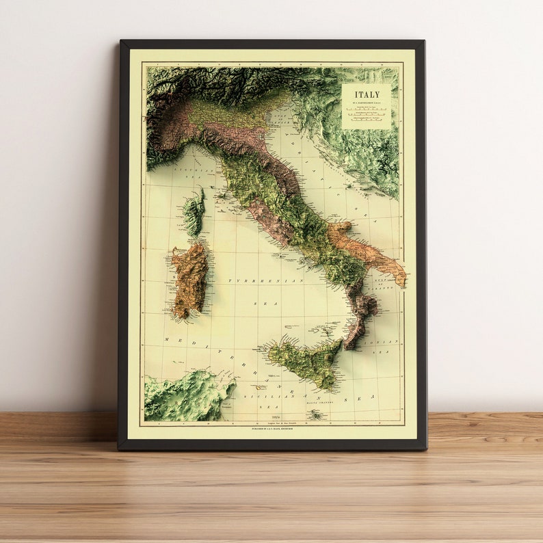 Italy Map, Italy 2D Relief Map, Italy Historical Map, Italy Vintage Map, Italy Print, Italy Wall Art, Italy Gift 2D FLAT PRINT image 1