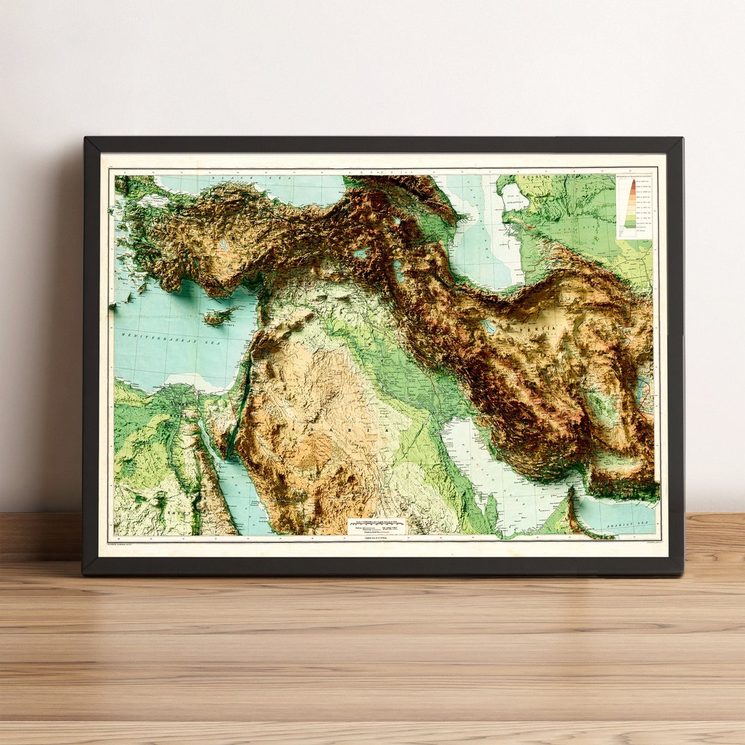 レア品)大型　立体地図　中近東·トルコ·イラン　1:6,250,000 額縁付き 中東地図、中東2D立体地図、中東ビンテージポスター地図、イラン地図