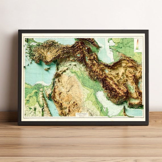 レア品)大型立体地図　イラン、中東、トルコ、　1:6,250,000 額縁付き 中東地図、中東2D立体地図、中東ビンテージポスター地図、イラン地図