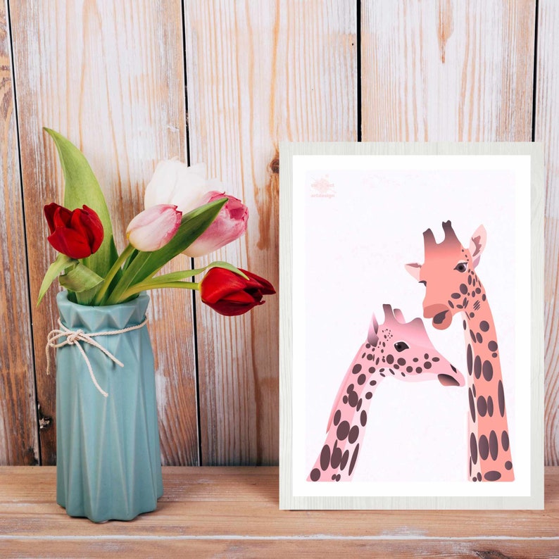 Gallery Wall Art print Modern art Unique art Two adorable giraffes digital drawing Digital print Illustration Wall art