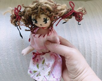 Miniature art gift,  Embroidered face,  Art Best doll,  Fabric small doll,  Handmade doll, Interior doll, Wired body,  Art work,  Doll «Amy»