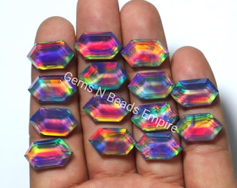 Aurora Opal Doublet 18X10mm, Hexagon shape, Step cut Flat Back gemstone, Handmade, Polished for jewelry making, wire wrapping