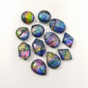 12 pieces lot ammolite gemstone,ammolite Doublet Rose cut flat back ammolite jewelry, ammolite hydro, gemstone mix shape,