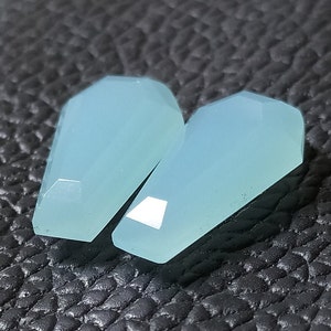 A Beautiful Pair Of Aqua Chalcedony Coffin Shape Approx. 18X10 MM Tablet Cut, High Polished, Gemstone Handmade, Suberb Item Flat Bottom