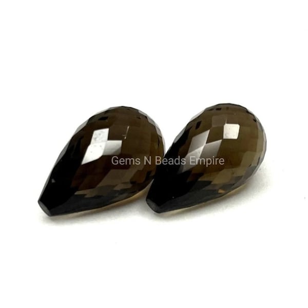 Half top drilled A pair of Natural smoky Quartz Briolette cut Faceted drop shape,20X10mm and 15X10mm  High Polished,Handmade,Superb Item